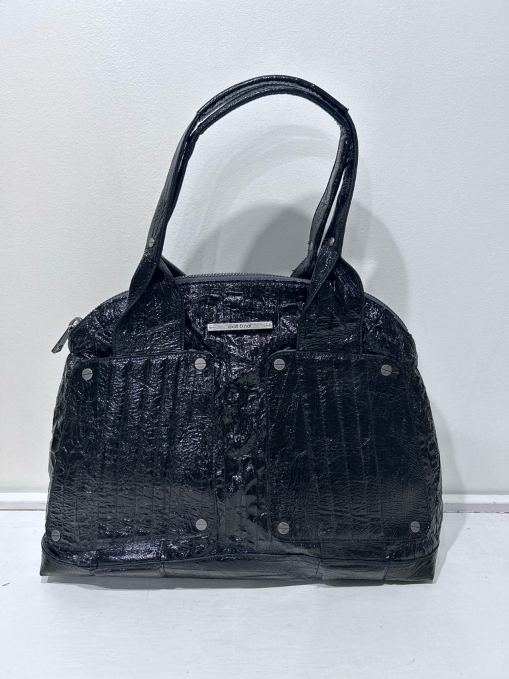 Matt & Nat Black‎ Crinkle Patent Vegan Leather Satchel Bag Silver Hardware